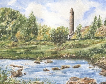 Glendalough Round Tower Ierland aquarel prints, Wicklow Ierland, Ierland Ierse kunst, Ierse schilderkunst, Ierse kunst aan de muur