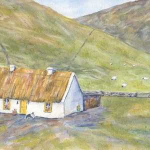 Thatched Irish Cottage,  Traditional Irish Cottage, Ireland landscape, Irish art print, Ireland  art, Irish thatched roof cottage,
