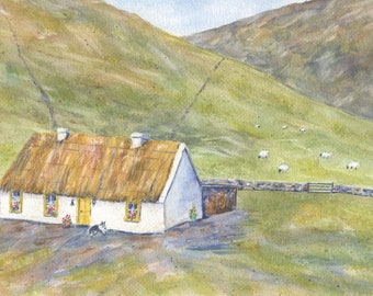 Thatched Irish Cottage,  Traditional Irish Cottage, Ireland landscape, Irish art print, Ireland  art, Irish thatched roof cottage,