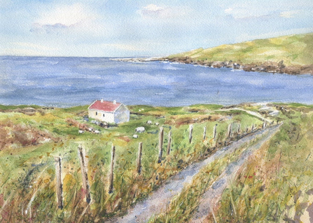 Wild Atlantic Way Irish Landscape, Ireland Watercolor Painting, Irish
