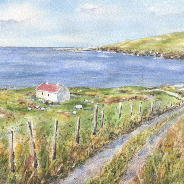 Wild Atlantic Way Irish Landscape, Ireland watercolor painting, Irish art print, framed Irish art, Irish cottage print,