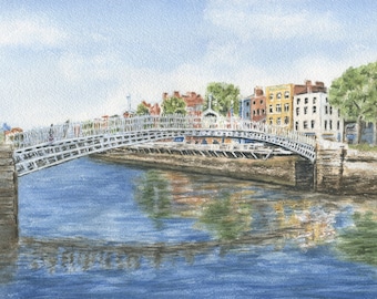 Ha'penny Bridge Dublin Ireland Watercolor Prints,  River Liffey Dublin print Irish art Ireland landscape Dublin Art