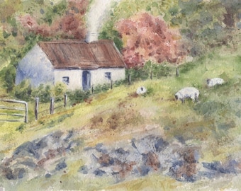 Irish Thatched Cottage, Ireland Watercolor painting  print, Irish art print, print,Irish cottage print, Ireland landscape, sheep art