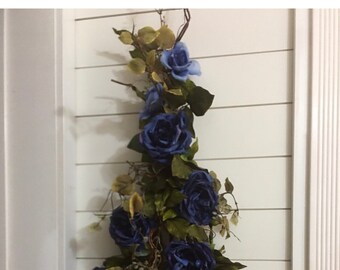 Greenery Swag with Roses for Front Door, wall hanging, Year Round Elegant house warming gift, Everyday Vertical teardrop swag home decor