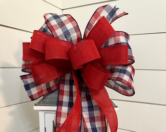 Patriotic Wreath Bow: Red, White & Blue Check - Independence Day Decor
