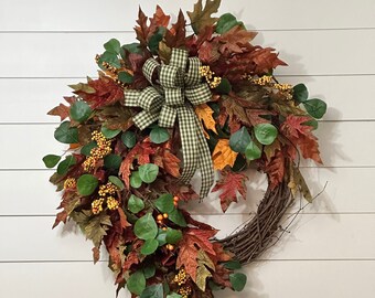 Fall Wreath with Maple leaves, Autumn front door wreath, Double door Grapevine wreath with berries, Harvest wreath for Thanksgiving
