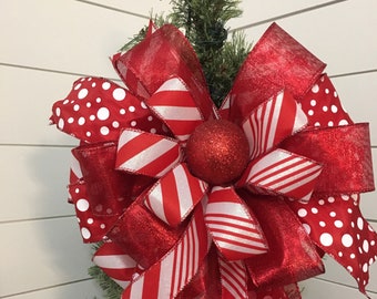 Candy Stripe Christmas tree topper bow, Peppermint and ornament lantern topper swag, Wreath bow with ornament, mailbox bow