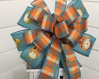 Farmhouse Fall Bow: Teal Scarecrow & Plaid Ribbon Wreath Decor