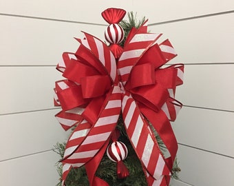 Candy Christmas Bow, Peppermint lantern topper or wreath bow,  Red and white peppermint tree topper bow