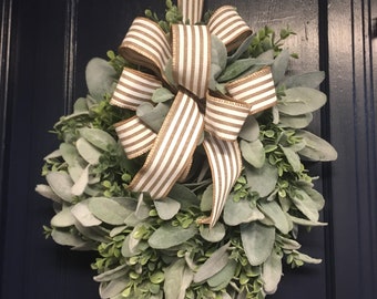 Lambs ear mini wreath, Small Farmhouse eucalyptus greenery grapevine wreath, Everyday front door wreath, year round candle ring mantle decor