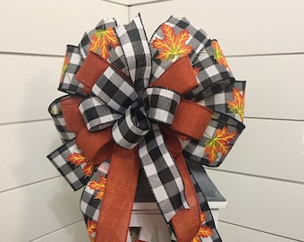 Farmhouse Fall Bow, Lantern bow with buffalo check, Country Wreath bow, Thanksgiving bow, Fall leaves, mailbox bow