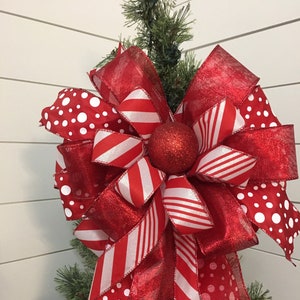 Candy Stripe Christmas tree topper bow, Peppermint and ornament lantern topper swag, Wreath bow with ornament, mailbox bow