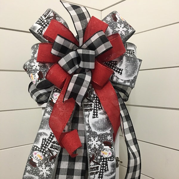 Snowman Christmas Bow, Buffalo check lantern or wreath bow, holiday decoration, Christmas tree bow