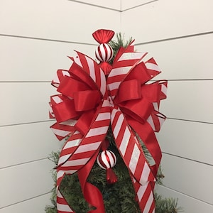 Candy Christmas Bow, Peppermint lantern topper or wreath bow,  Red and white peppermint tree topper bow