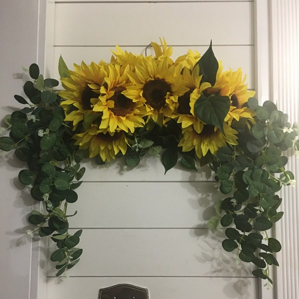 Farmhouse sunflower swag for wall, floral swag, wedding arch, flower swag for sign, home mantle decor, with eucalyptus