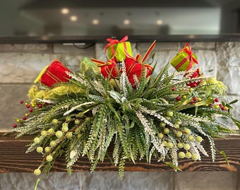 Christmas garland with button fern, lime green and red mantle decor, Winter table arrangement, pastel candy centerpiece, snowy bead grass