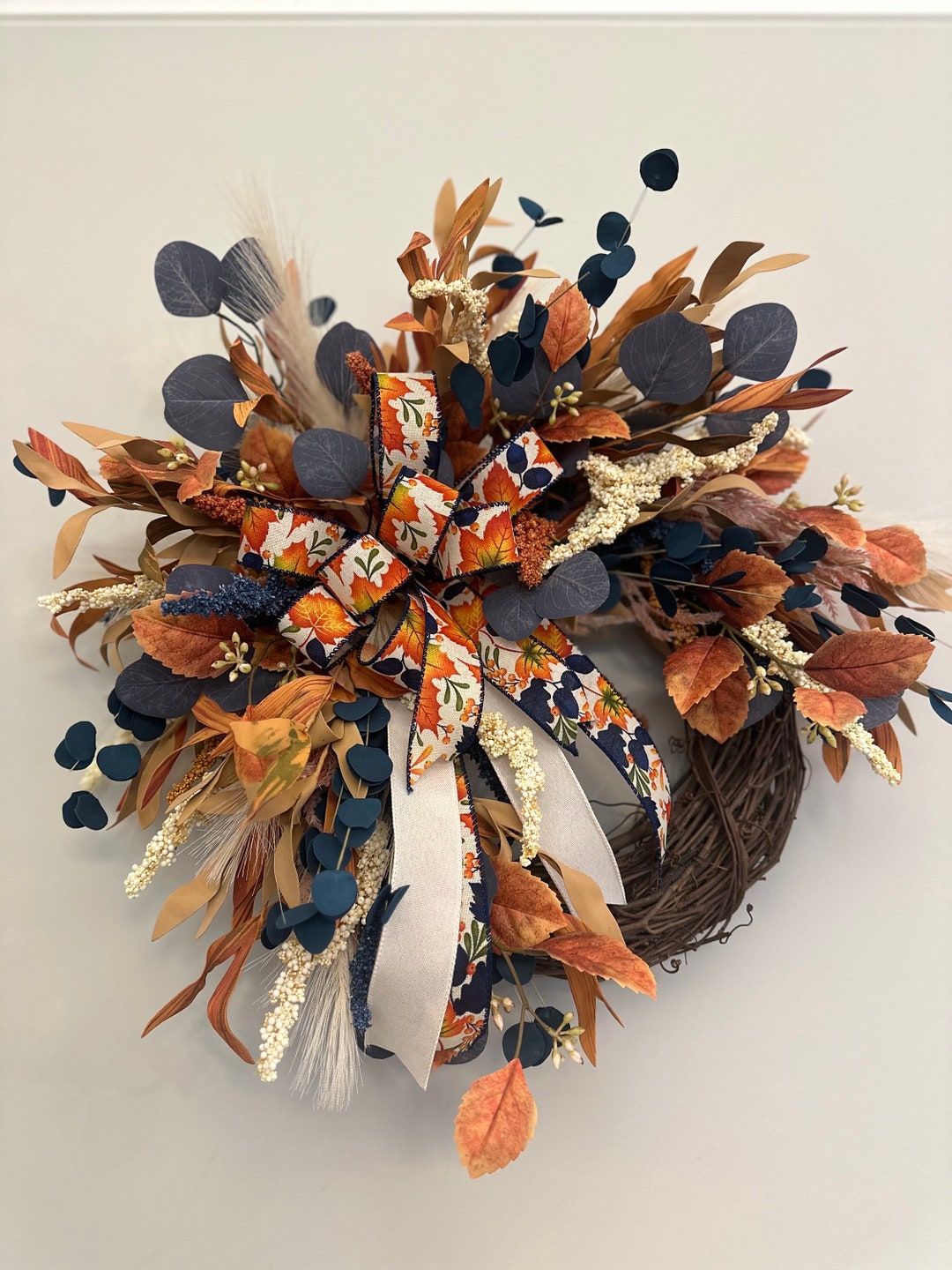 Blue Fall Wreath for Front Door, Autumn Boho Decor, Grapevine With ...