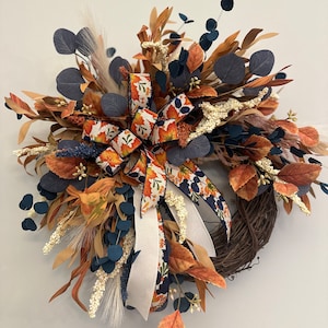 Blue Fall Wreath for front door, Autumn boho decor, Grapevine with Pampas grass and eucalyptus, Thanksgiving Harvest centerpiece
