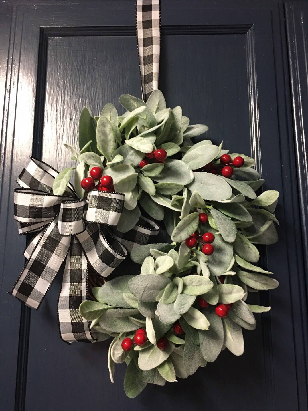 Lambs Ear Mini Wreath, Small Christmas Wreath for Cabinets, Red Berries ...