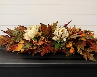 Fall arrangement with pumpkins, Autumn garland centerpiece with peonies, mantle table decor, Thanksgiving wall hanging swag