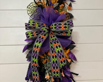 Halloween swag with spiders, small front door swag, Purple and Orange teardrop swag,