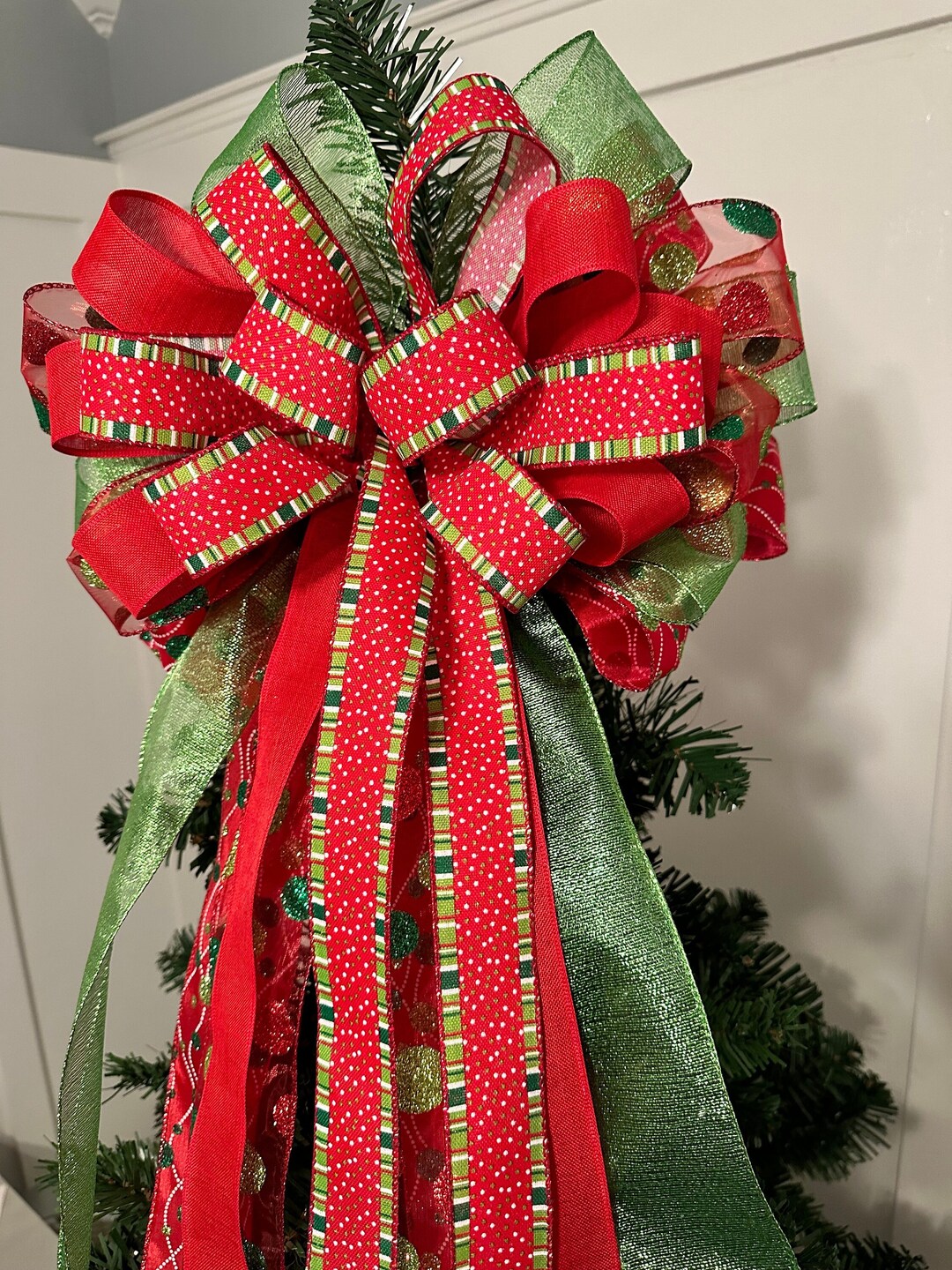 Christmas Tree Topper Bow, Whimsical Red and Lime Green Tree Topper Bow