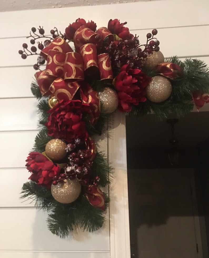 Christmas Corner Swag Burgundy and Gold Ornament Swag Etsy