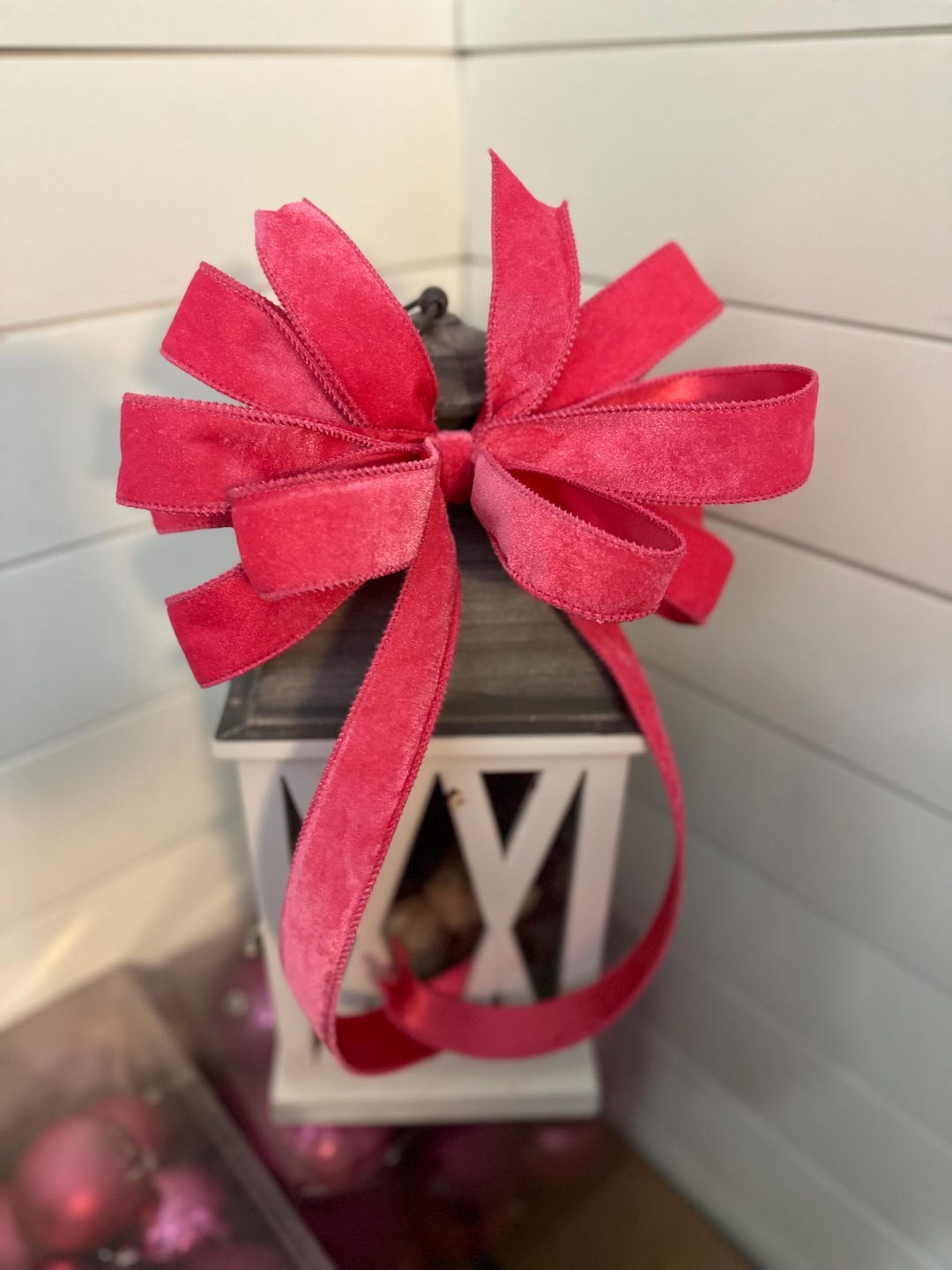 Pink Velvet Bow, Hot Pink Lantern Topper or Wreath Bow, Small Tree ...