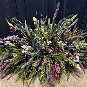 Year round Lavender arrangement with button fern, Beaded grass centerpiece for table, Purple and pink table decor, Easter mantle garland