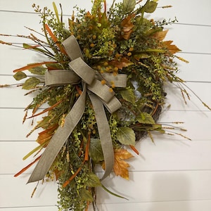 Fall front door wreath, Summer and Fall beaded grass grapevine, Autumn cascade wreath with greenery, Thanksgiving wall hanging decor