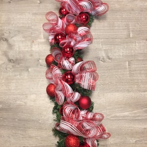 Christmas ornament garland, Red and white decor for mantle, peppermint garland for front door, staircase garland, table runner centerpiece