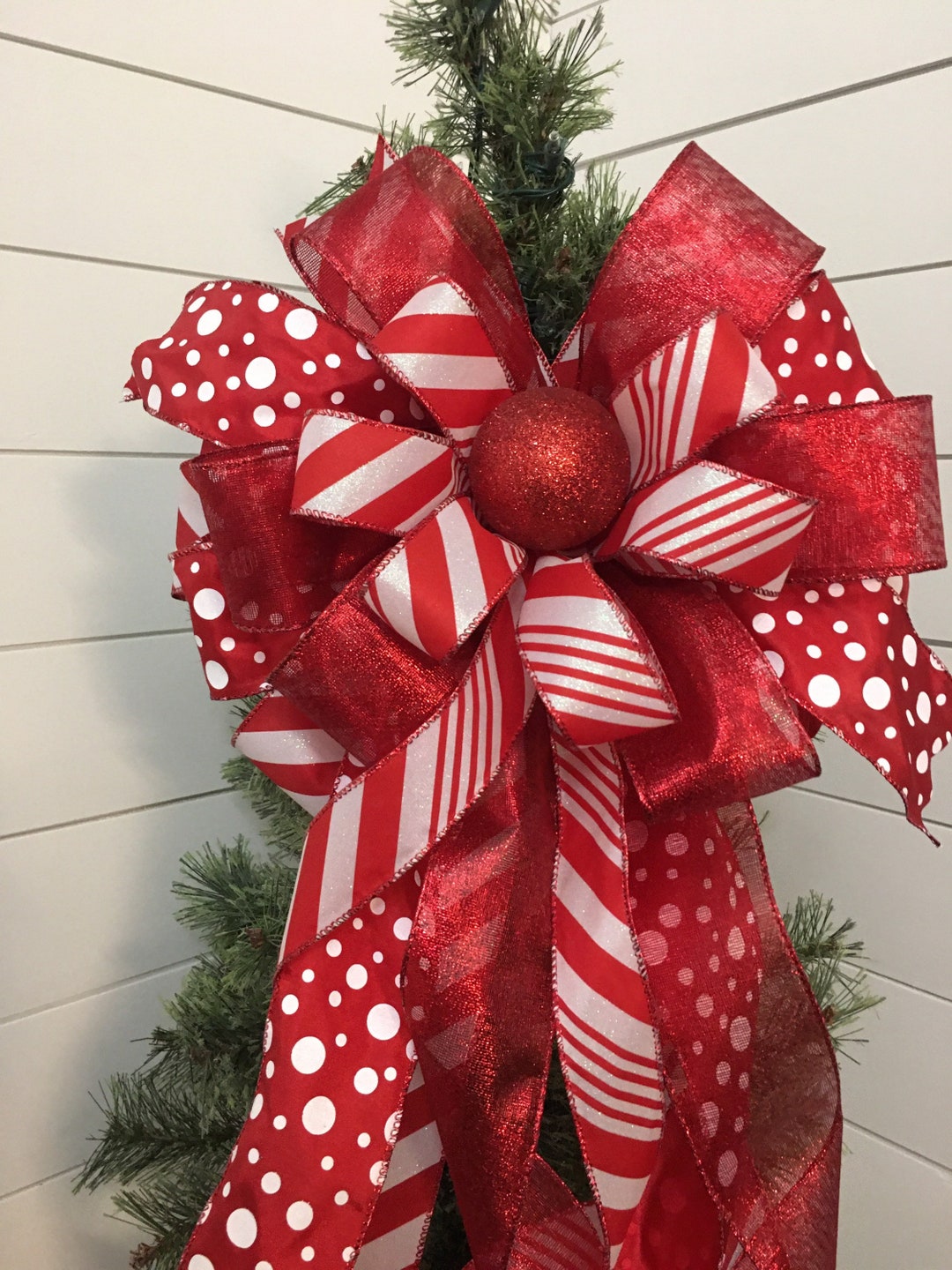 Candy Stripe Christmas Tree Topper Bow, Peppermint and Ornament Lantern