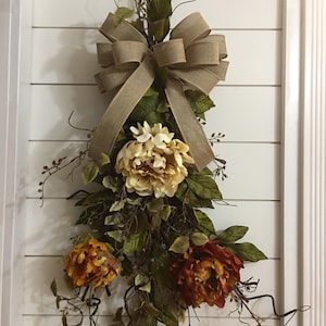 Fall swag, Autumn front door  greenery swag, Fall teardrop swag wreath with peonies for wall, wedding swag, housewarming gift