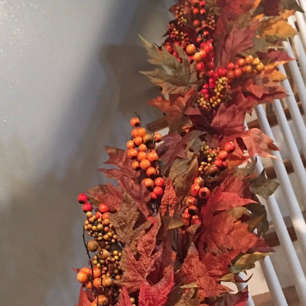 Fall garland, Autumn garland for mantle, staircase garland, front door garland with maple leaves and berries, table centerpiece garland