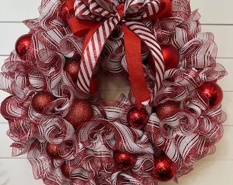 Peppermint Christmas Wreath, Red and White Candy Cane Decor, ornaments and mesh wreath