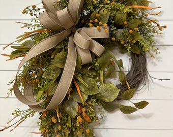 Fall front door wreath, Summer and Fall beaded grass grapevine, Autumn cascade wreath with greenery, Thanksgiving wall hanging decor