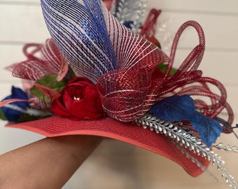 Patriotic hat for women, Fourth of July wearable red straw hat for ladies tea, bridal luncheon hat, derby hat, wall hanging centerpiece