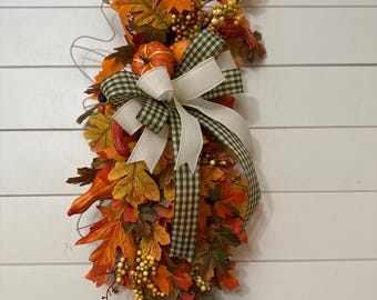 Fall Swag, Autumn front door wreath, centerpiece arrangement, door hanger with maple leaves and pumpkins