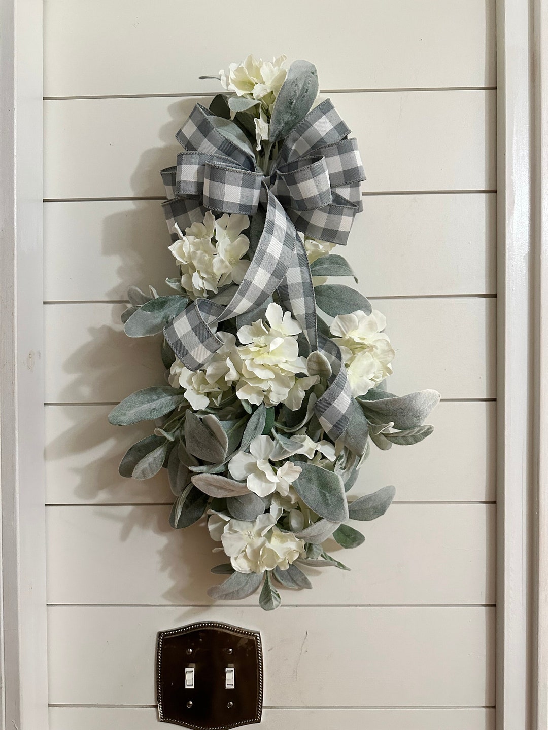 Farmhouse Lambs Ear Swag, Year Round Swag Wreath for Front Door