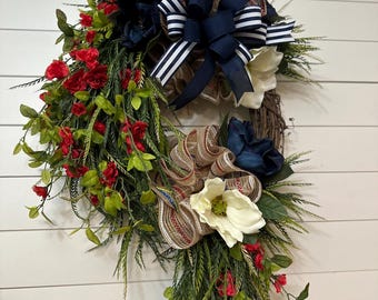 Year round Patriotic Wreath for front door, everyday beaded fern grapevine, Fourth of July button fern decor, Red white and blue grapevine