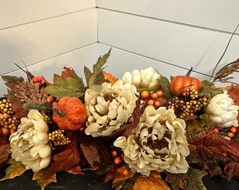 Fall arrangement with pumpkins, Autumn garland centerpiece with peonies, mantle table decor, Thanksgiving wall hanging swag