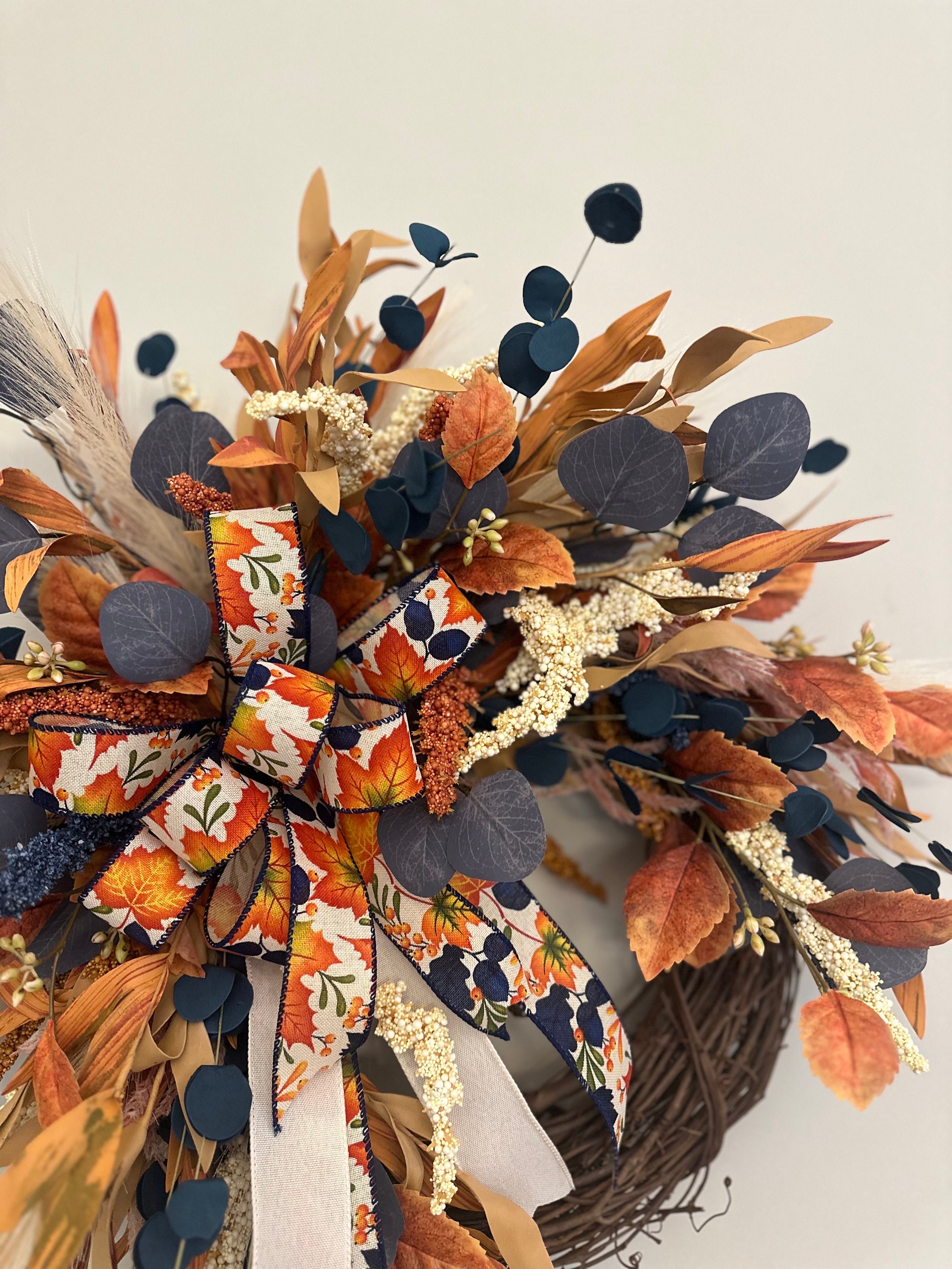Blue Fall Wreath for Front Door, Autumn Boho Decor, Grapevine With ...