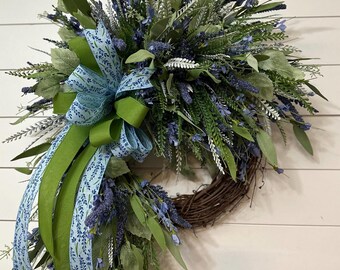 Everyday blue lavender front door wreath, Spring button fern wreath, Summer beaded grass, Easter Mirrored double door gravepine