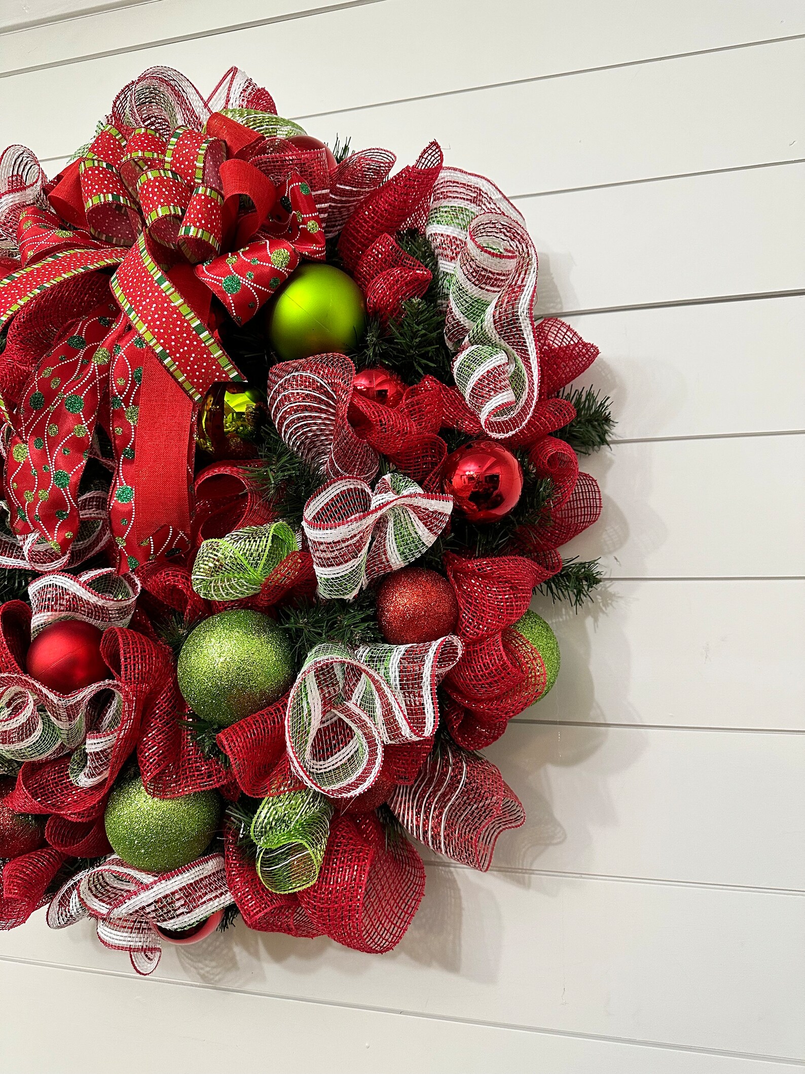 Whimsical Christmas Wreath, Lime Green and Red Holiday Decor, Mesh and ...