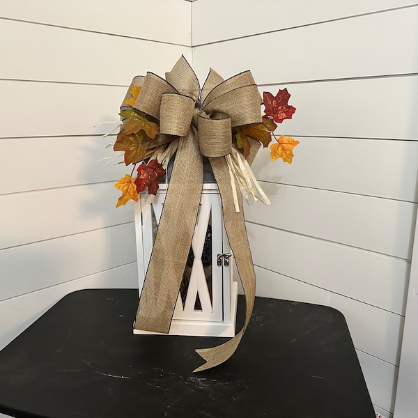 Fall bow with leaves, Farmhouse Autumn Lantern decor, Thanksgiving wreath bow, chair bow, Topper Swag, mailbox bow