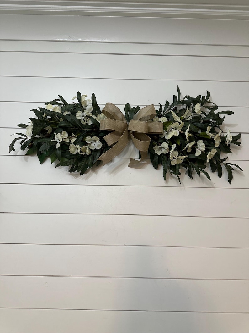Farmhouse Olive swag, Year round Everyday Olive Branch swag above front door, Olive Leaf wedding arch, swag above bed with cotton bolls image 8