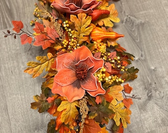 Fall arrangement with pumpkins, Autumn horizontal swag, centerpiece, mantle table decor, Thanksgiving centerpiece garland
