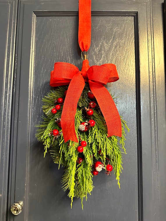 Mini Christmas Swag, Small Holiday Teardrop Wreath With Cedar Pine 