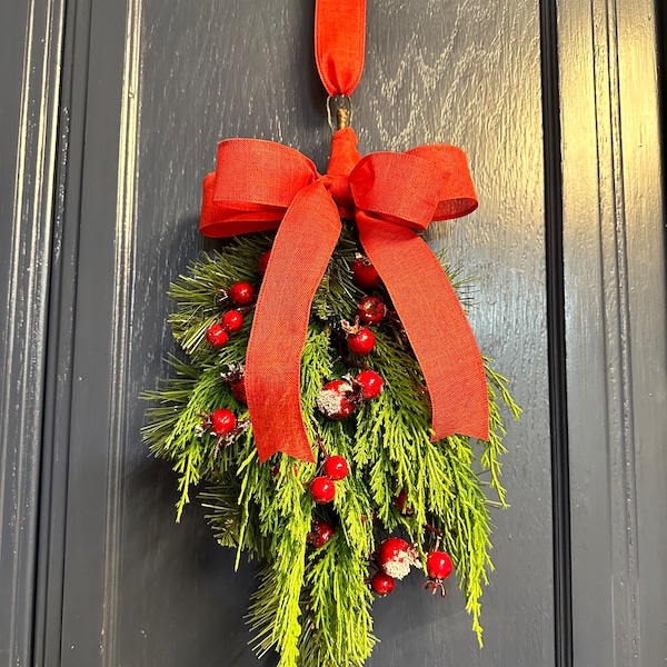 Mini Christmas swag, Small Holiday teardrop wreath with cedar pine and berries, Farmhouse window decor, winter wreath for kitchen