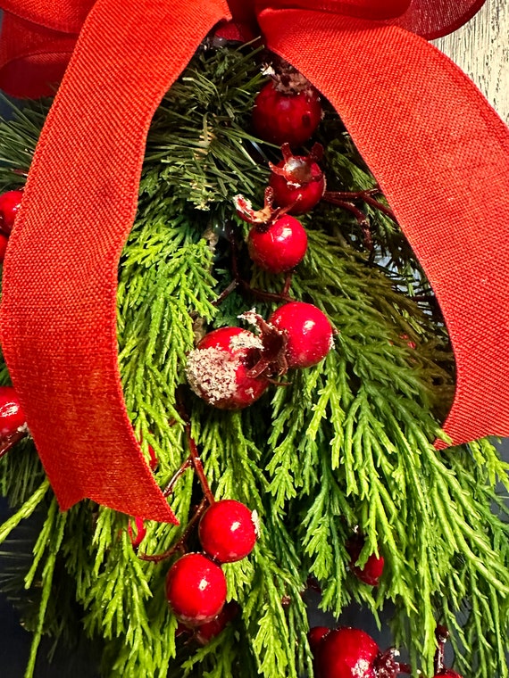 Christmas Teardrop Swags (2-Pack) – Artificial Pine Garland With Bows, Berries, Pinecones, For Indoor/Outdoor Door & Wall Decor